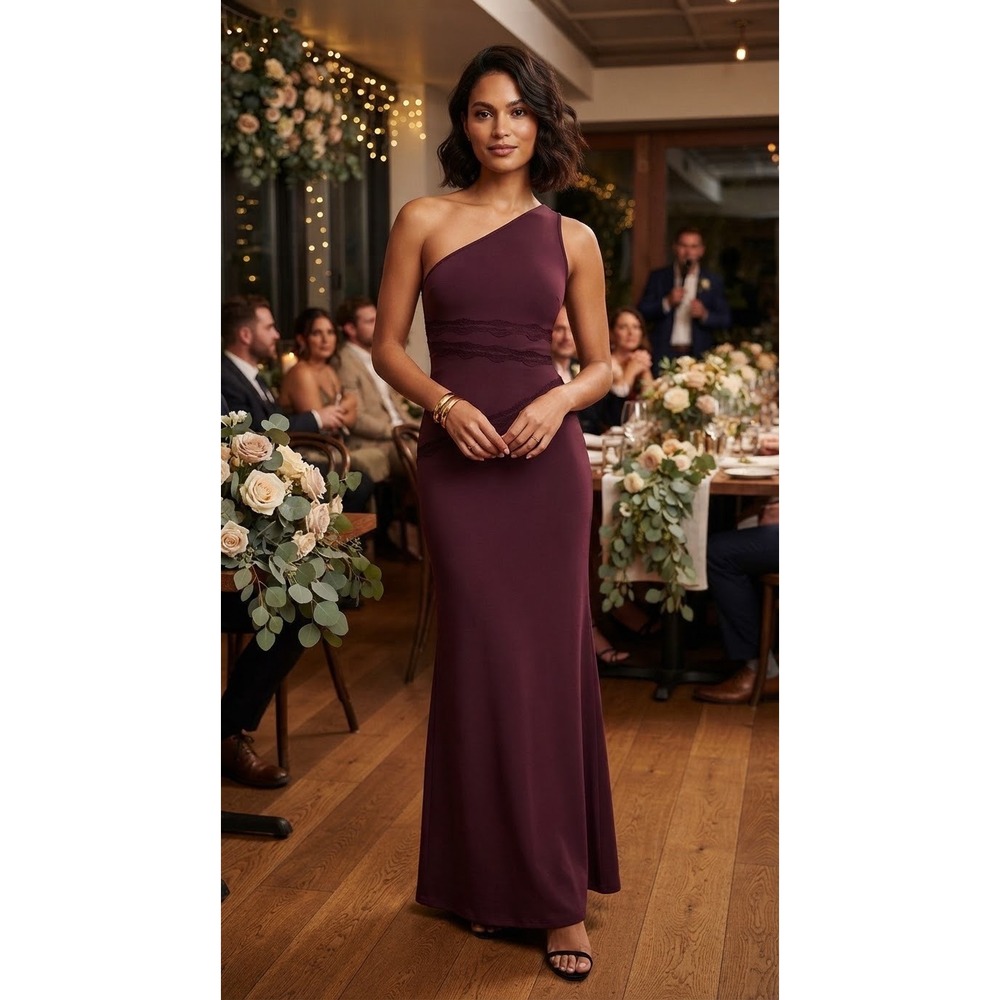One Shoulder Lace Trim Maxi Gown Dress Size 8 Plum by Princess Polly